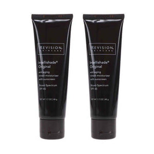Two Revision Skincare Intellishade Original SPF 45 tinted moisturizer tubes with broad spectrum sunscreen protection