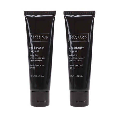 Two Revision Skincare Intellishade Original SPF 45 tinted moisturizer tubes with broad spectrum sunscreen protection