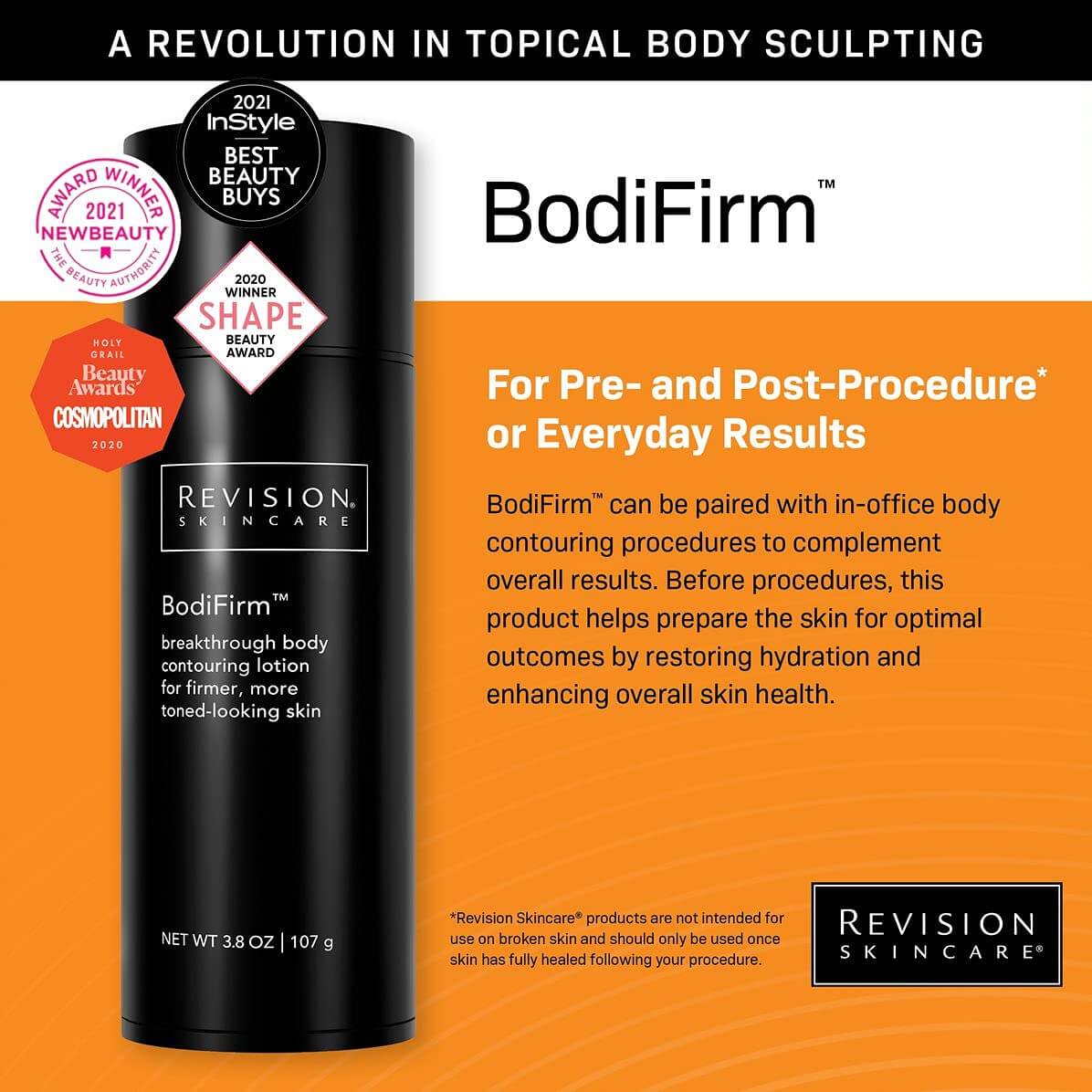 Revision Skincare BodiFirm 3.8 oz body contouring lotion infographic showing pre and post procedure support benefits
