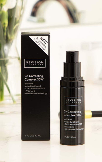 Revision Skincare C+ Correcting Complex 30% antioxidant serum with packaging for brighter firmer radiant-looking skin