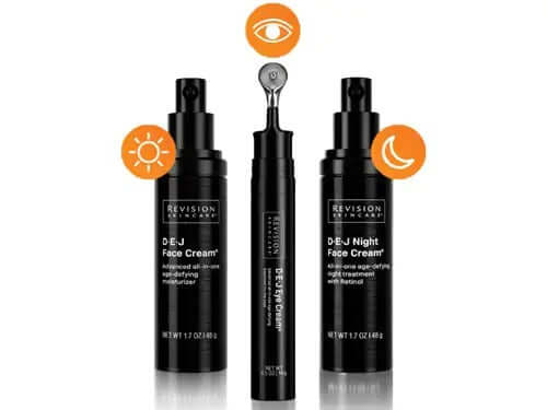 Revision Skincare D·E·J face cream and eye cream routine guide featuring day night and eye care products