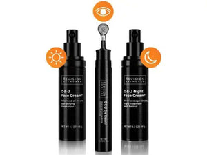 Revision Skincare D·E·J face cream and eye cream routine guide featuring day night and eye care products