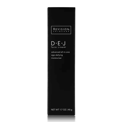 Revision Skincare D·E·J Face Cream packaging box featuring microbiome technology and peptide moisturizer benefits