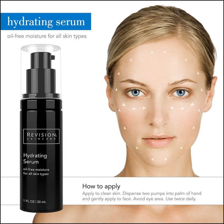 Revision Hydrating Serum how to apply shown apply to clean skin and use twice daily for smooth balanced hydrated skin