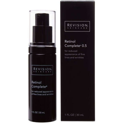 Revision Skincare Retinol Complete 0.5 bottle with box packaging for mid-strength retinol serum use in nighttime skincare routine