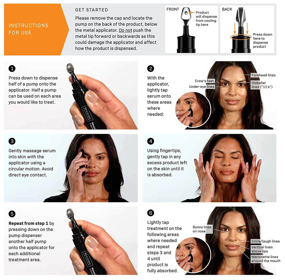 Revision Skincare Revox Line Relaxer infographic showing step by step usage instructions for applying serum correctly