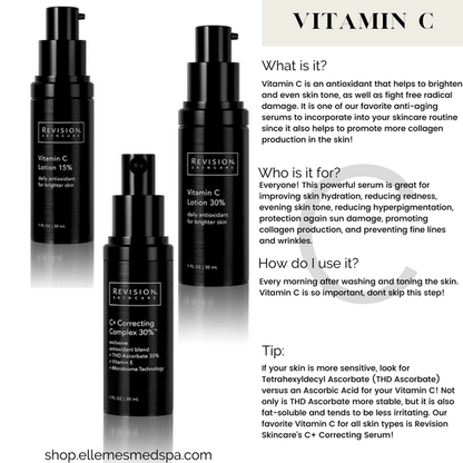 Revision Skincare Vitamin C antioxidant serum routine guide featuring Vitamin C Lotion 30% and C+ Correcting Complex