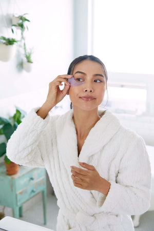Saian ActiveCell Collagen Stem Cell Eye Pads being applied under eye for a fresh, hydrated skincare routine at home.