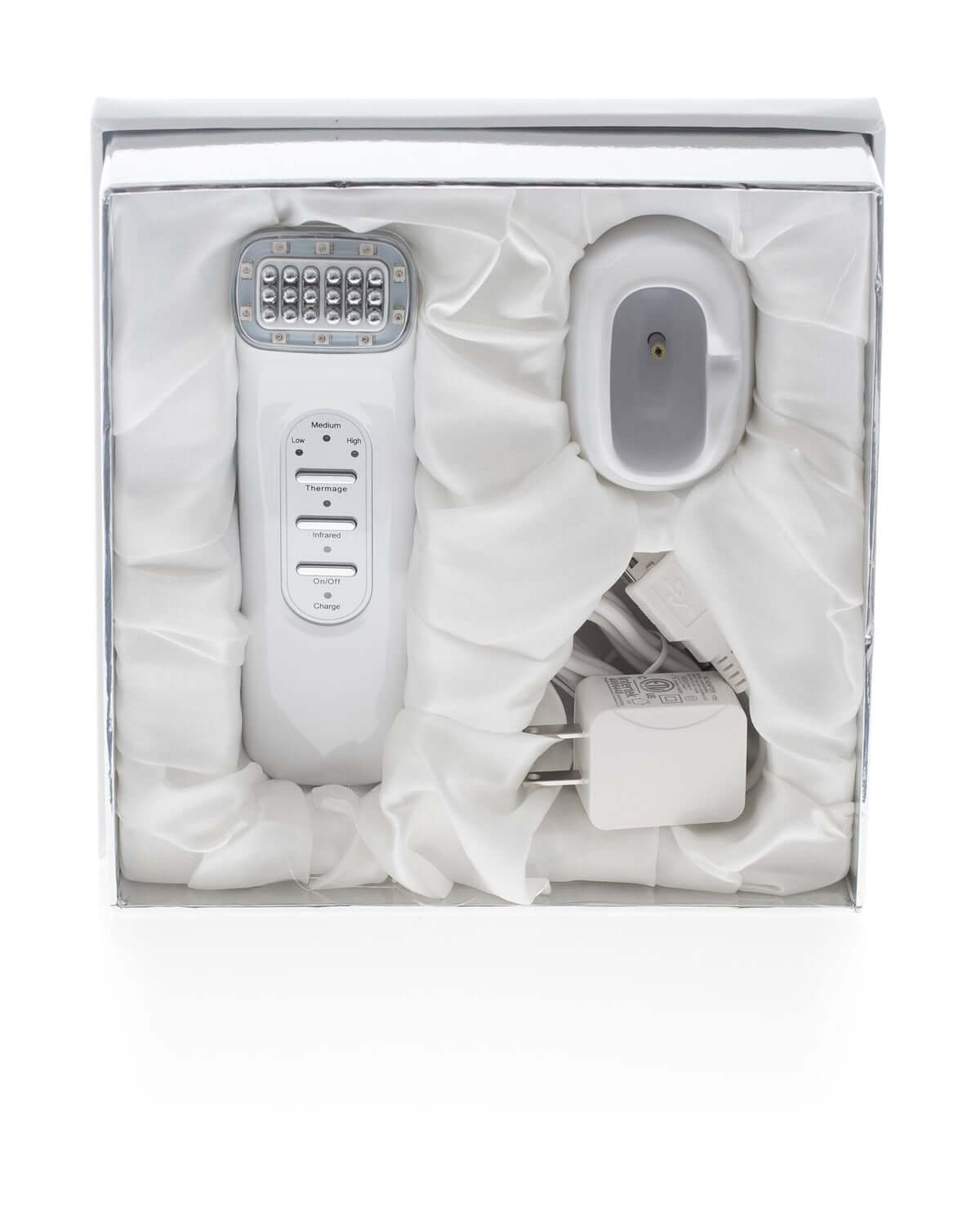 Saian FirmAge Portable RF device kit includes charger, cradle, and silk-lined box for at-home skin firming treatments kit RF