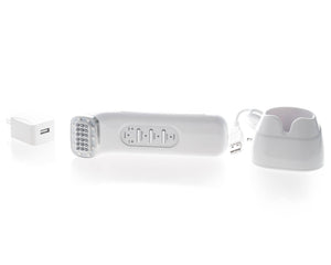 Saian FirmAge Portable RF device laid with charger and cradle for portable face and body toning treatments during travel use