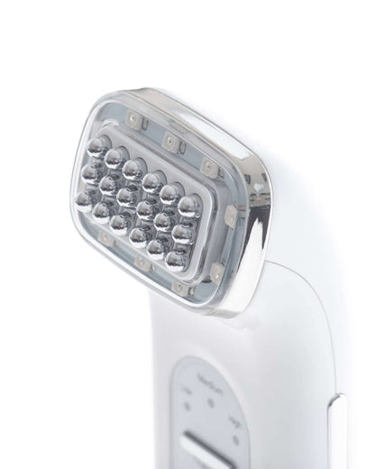Saian FirmAge RF and infrared treatment head targets wrinkles, crow’s feet, and crepey skin for a lifted look on face care..