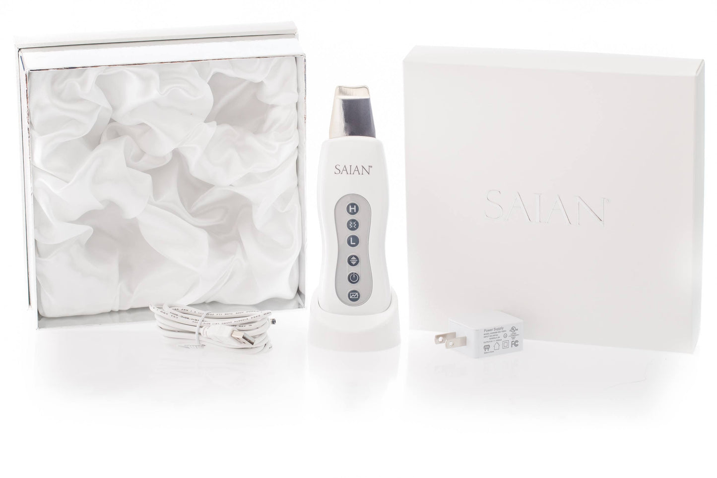 Saian Skin Scrubber Spatula full kit supports deep cleansing, exfoliation, and softer smooth skin with ultrasonic care modes