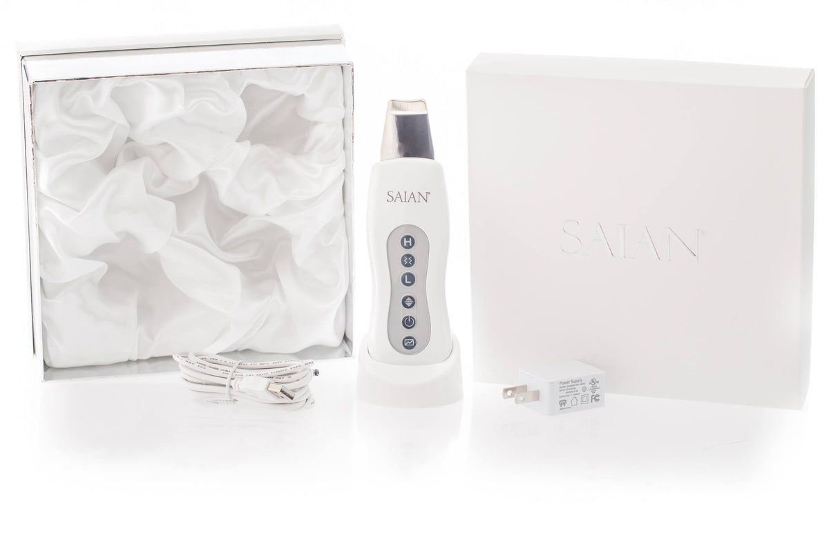 Saian Skin Scrubber Spatula full kit supports deep cleansing, exfoliation, and softer smooth skin with ultrasonic care modes