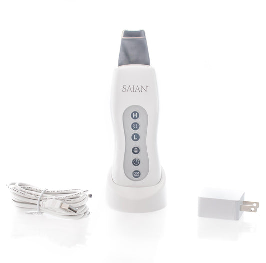 Saian Skin Scrubber Spatula uses ultrasonic vibration to exfoliate dead skin cells, dirt, and sebum for smooth skin care use