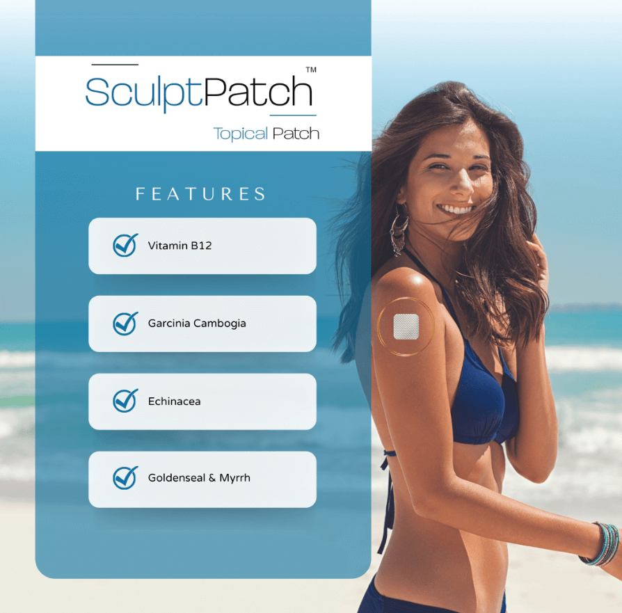 SculptPatch topical patch applied on skin showing key ingredients like vitamin B12 and herbal extracts for body shaping support