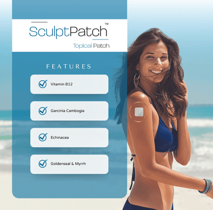 SculptPatch topical patch applied on skin showing key ingredients like vitamin B12 and herbal extracts for body shaping support