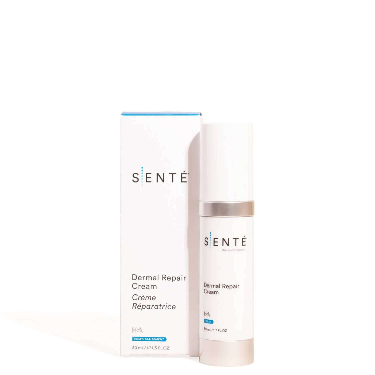 Senté Dermal Repair Cream bottle and box set for daily treatment of visible redness, dryness, and stressed skin.