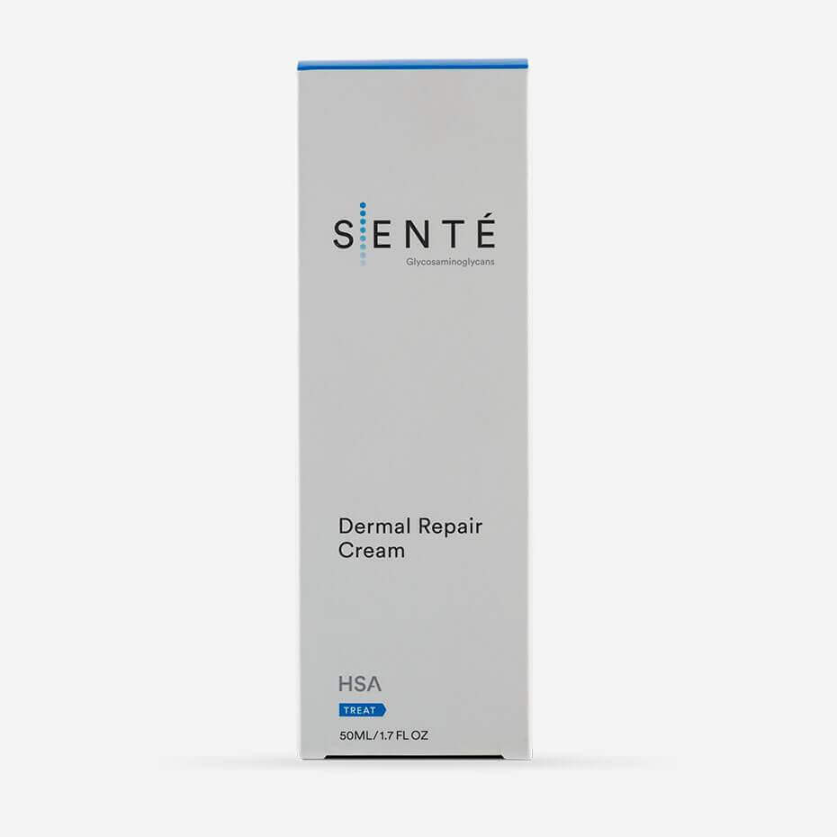 Senté Dermal Repair Cream box packaging with HSA formula for dry, sensitive, redness-prone facial skin care routine.