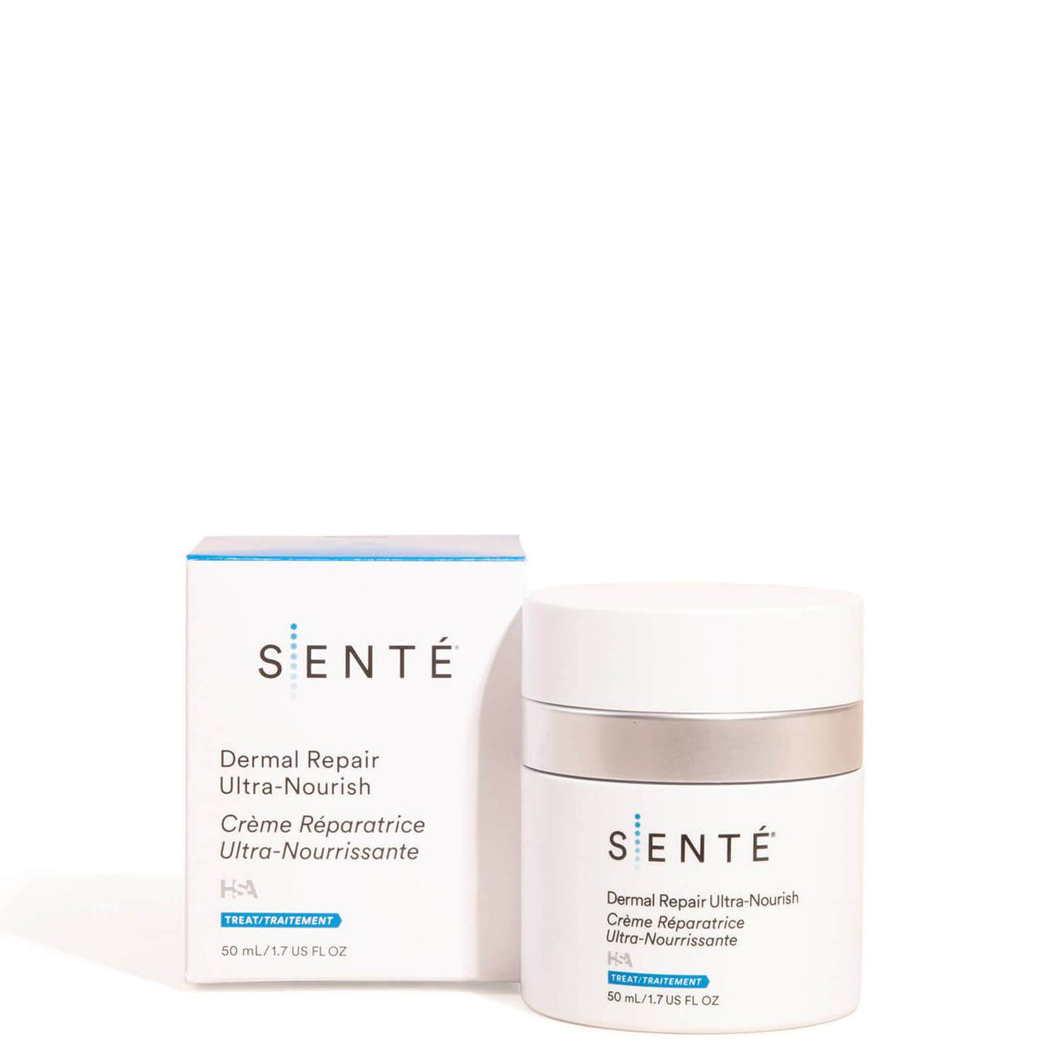 Senté Dermal Repair Ultra-Nourish cream jar and box packaging for dry, redness-prone skin barrier repair care.
