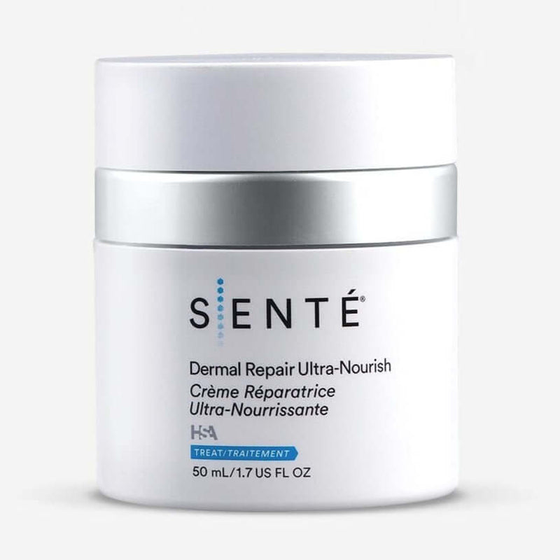 Senté Dermal Repair Ultra-Nourish cream jar for dry, sensitive skin, redness care, and skin barrier support daily.