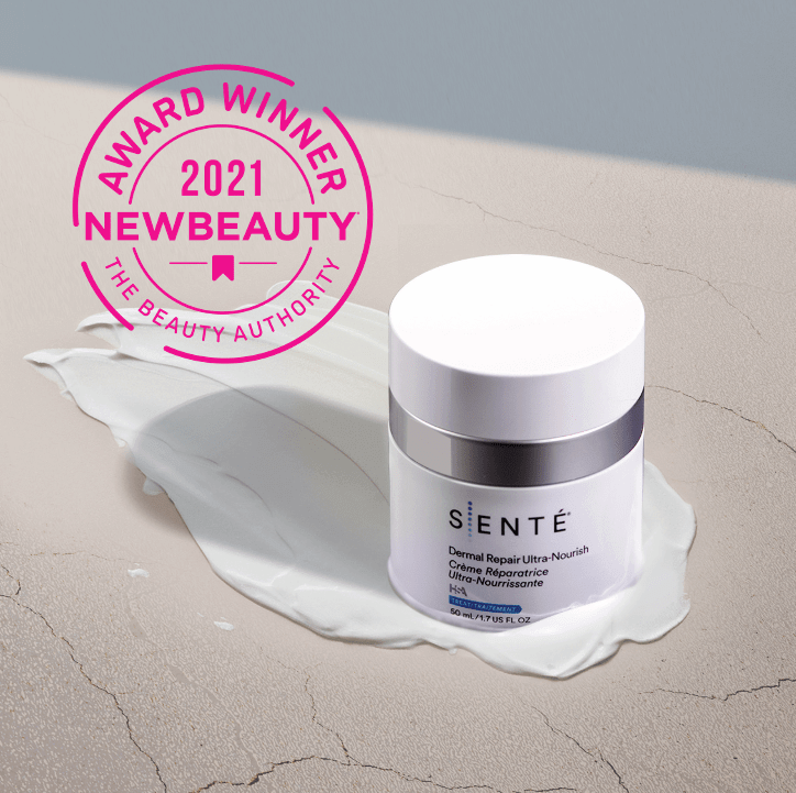 Senté Dermal Repair Ultra-Nourish cream with NewBeauty award badge for rich moisture and sensitive skin comfort.