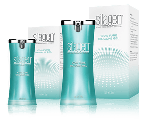 Silagen Scar Refinement System showing multiple sizes of 100% pure silicone gel for scars, including 15g and 30g tubes.