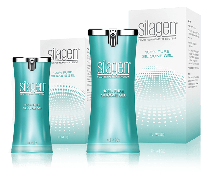 Silagen Scar Refinement System showing multiple sizes of 100% pure silicone gel for scars, including 15g and 30g tubes.