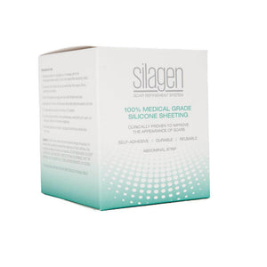 Angled view of Silagen scar refinement system box for beige extremity strips 8x2 medical grade silicone sheeting.
