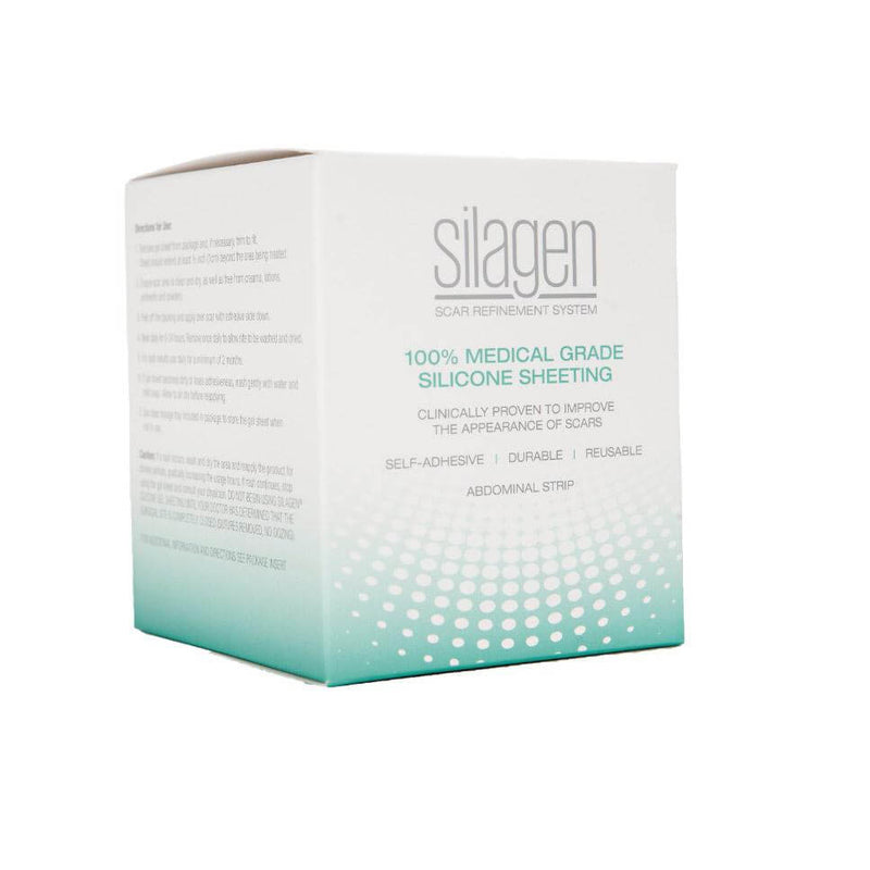 Angled view of Silagen scar refinement system box for beige extremity strips 8x2 medical grade silicone sheeting.