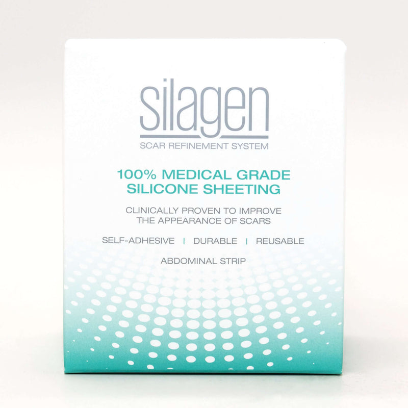 Silagen beige strips box with teal gradient design for long narrow scar silicone sheeting