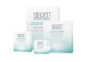 Silagen product lineup with beige silicone sheets and gel for scar treatment