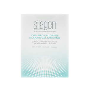 Original packaging for the Silagen breast kit beige variant 7128 featuring medical grade silicone for post-op scar refinement.