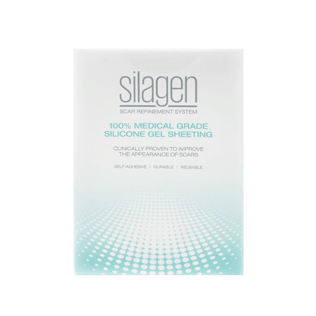 Front view of Silagen silicone gel sheeting box for clear scar strips, medical-grade silicone sheets for scar coverage.