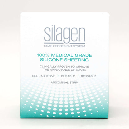 Silagen clear strips packaging showing 100% medical grade silicone sheeting for small incision scar care.