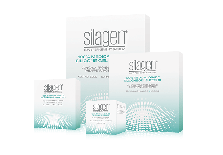 Silagen scar refinement system product range showing silicone gel and silicone gel sheeting boxes in multiple sizes.