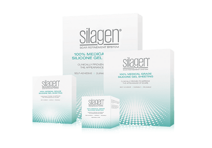 Silagen scar refinement system product range showing silicone gel and silicone gel sheeting boxes in multiple sizes.