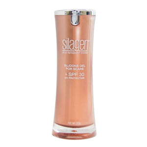 Silagen silicone scar gel with SPF 30 (30g) bottle on white background, designed for daily scar care and UV protection.