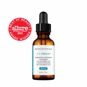 Award-winning SkinCeuticals C E Ferulic serum with Allure 2021 Best of Beauty badge, brightens skin and reduces fine lines daily.