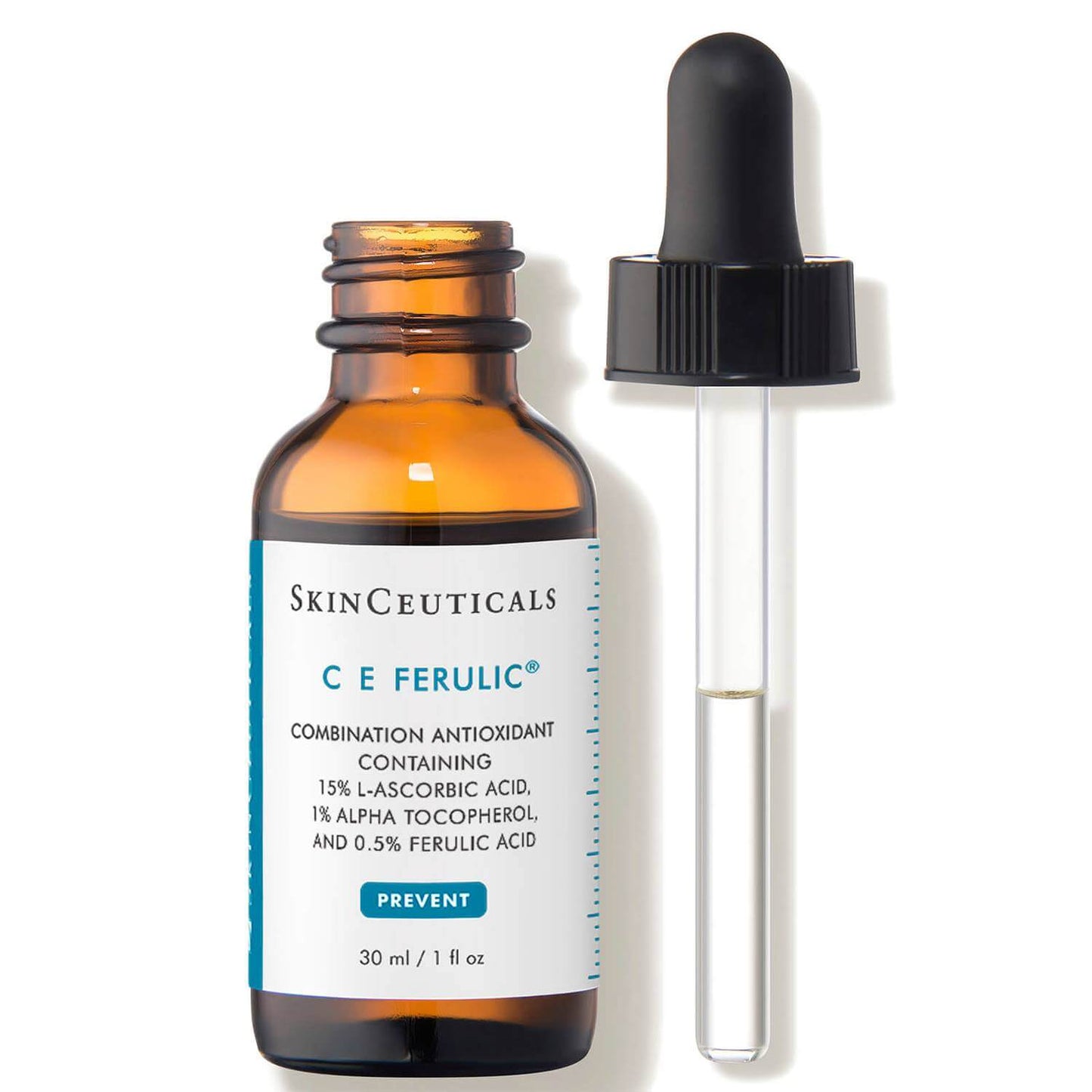 SkinCeuticals C E Ferulic 30 ml vitamin C serum bottle and dropper, brightens skin and helps reduce fine lines daily use now