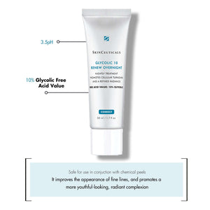 SkinCeuticals Glycolic 10 Renew Overnight showing 10% glycolic acid value and 3.5 pH for smoother, radiant skin.