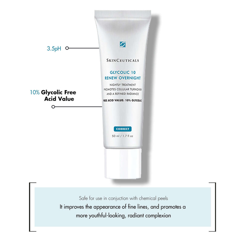 SkinCeuticals Glycolic 10 Renew Overnight showing 10% glycolic acid value and 3.5 pH for smoother, radiant skin.