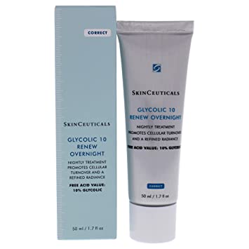 SkinCeuticals Glycolic 10 Renew Overnight 50ml box and tube shown front, glycolic acid night treatment for smoother skin.