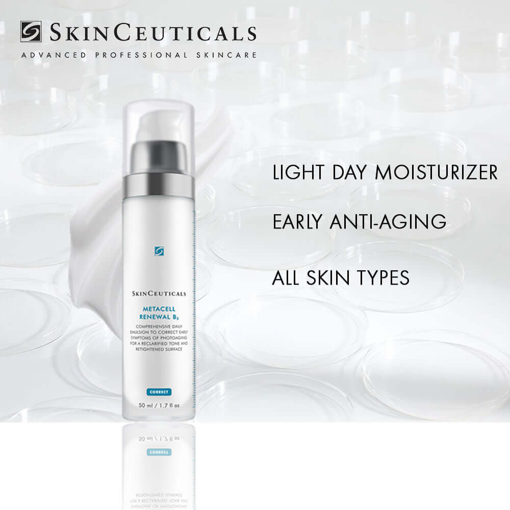 SkinCeuticals Metacell Renewal B3 advanced light day moisturizer for early anti-aging, suitable for all skin types.