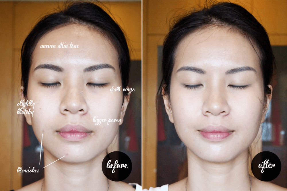 Before and after visual demonstrating improved skin tone and reduced blotchiness from using Skinceuticals Physical Fusion UV Defense SPF 50 tinted sunscreen.