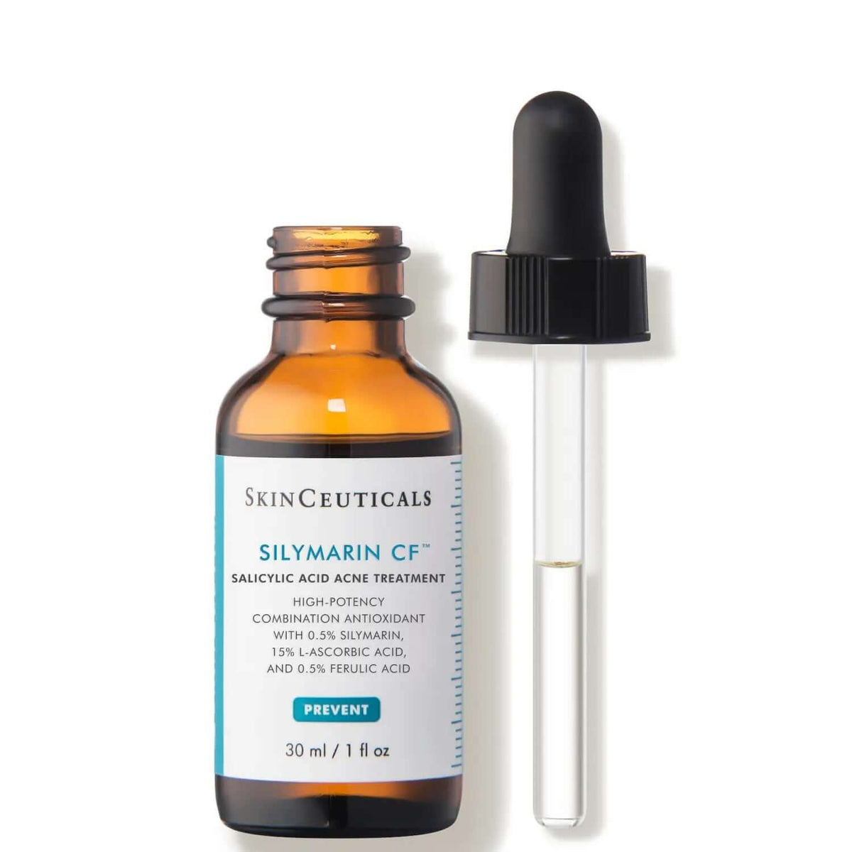 SkinCeuticals Silymarin CF acne treatment with 15% L-Ascorbic Acid and salicylic acid for oily, blemish-prone skin.