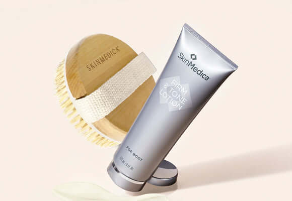 SkinMedica Firm & Tone Lotion with body brush, caffeine and coffee seed oil for smoother, firmer body skin care routine.