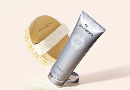 SkinMedica Firm & Tone Lotion with body brush, caffeine and coffee seed oil for smoother, firmer body skin care routine.