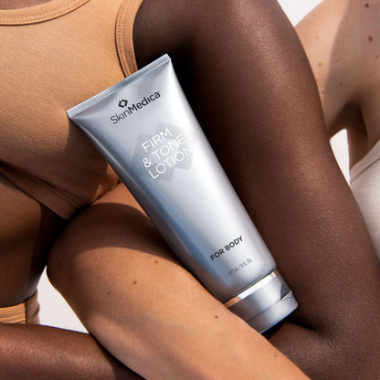 SkinMedica Firm & Tone Lotion on body skin with caffeine, coffee seed oil and peptides for firming and toning body care now.
