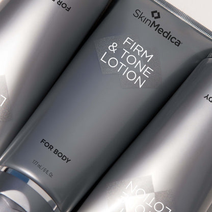 SkinMedica Firm & Tone Lotion tube close-up showing peptide body lotion with caffeine for crepey skin and texture care daily
