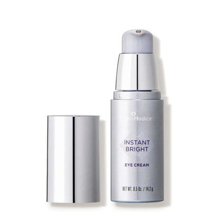SkinMedica Instant Bright Eye Cream open pump bottle with applicator for brightening and smoothing under-eye skin care